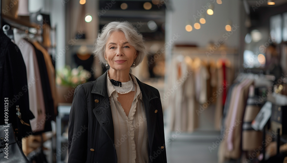 of an older woman at a luxury boutique shopping for fashion, her style elegant and her demeanor joyful, making sophisticated choices, positive changes, Business, with copy space of an older woman at a luxury boutique shopping for fashion, her style elegant and her demeanor joyful, making sophisticated choices, positive changes, Business, with copy space
