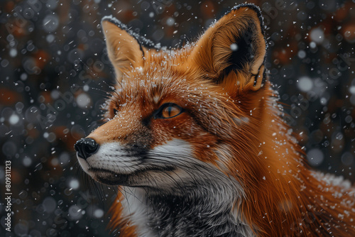 red fox portrait in a snow at winter forest. A close up portrait of a curious red fox, with snowflakes resting on its fur © Oleksandra