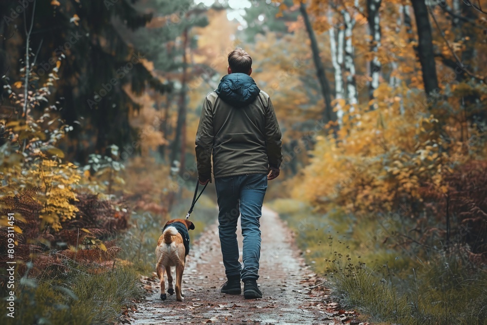 Man Walking Dog on Forest Path Man Walking Dog on Forest Path