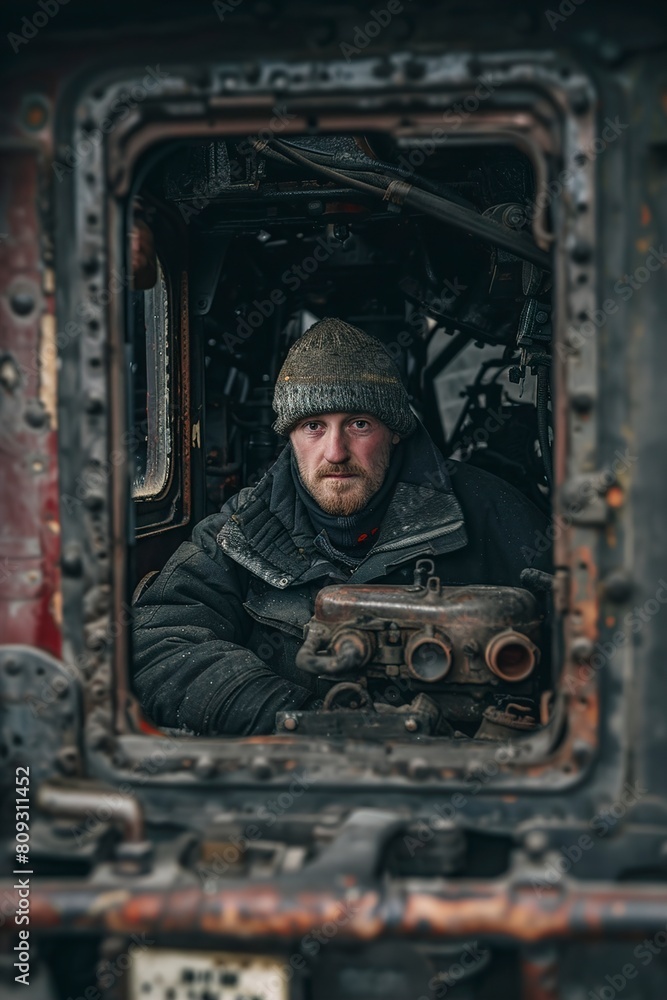 soldier sits in the engine compartment of war tank