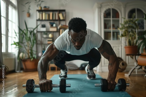 Man Doing Push Ups With Dumbbells in Living Room