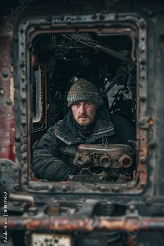 soldier sits in the engine compartment of war tank