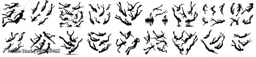 vector set of silhouettes of a group of people diving