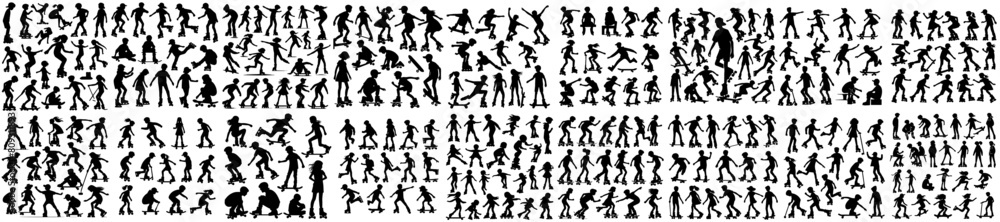 vector set of silhouettes of children playing roller skating