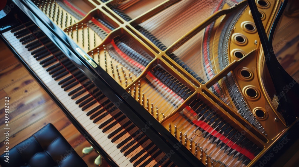 Overhead view of a grand piano showing the intricate internal structure and the surrounding decor Overhead view of a grand piano showing the intricate internal structure and the surrounding decor