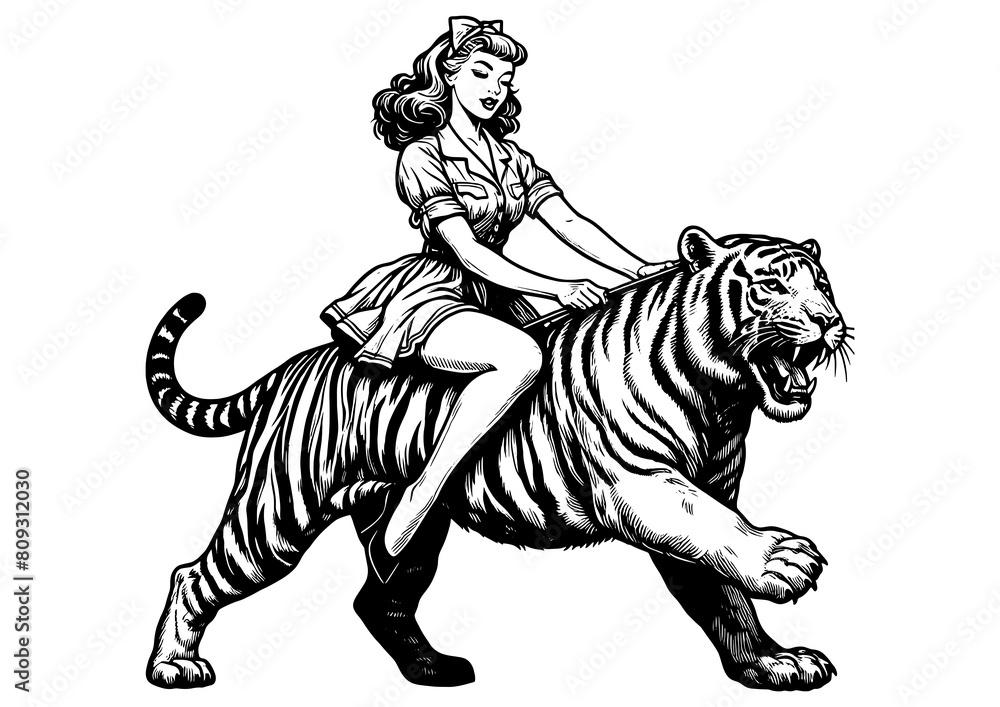 woman confidently riding a roaring tiger, symbolizing strength and ...