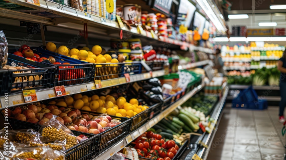 Fototapeta premium A vibrant display of fresh produce in a supermarket arranged neatly on shelves, showcasing variety and health