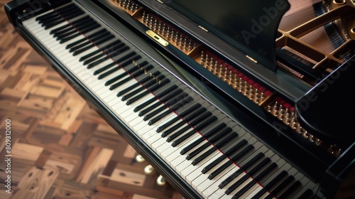 Luxurious grand piano situated in a room with modern wooden architecture, giving off a sophisticated air
