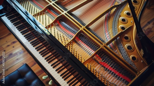 Overhead view of a grand piano showing the intricate internal structure and the surrounding decor