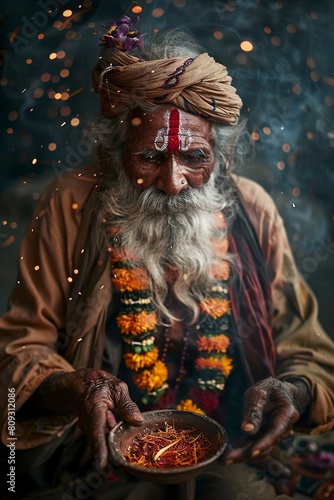 spiritual Indian old man celebrates religious