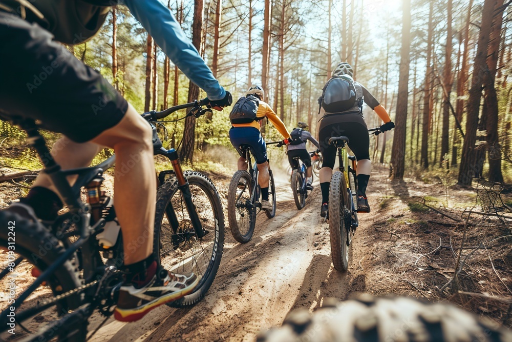 group of mountain bikers riding together