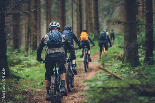 group of mountain bikers riding together photo