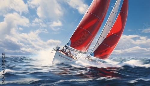 Luxury yachts at Sailing regatta. Sailing in the wind through the waves at the Sea red sail