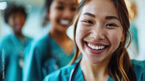Close-up of a joyful female nurse with a warm smile and colleagues in the background