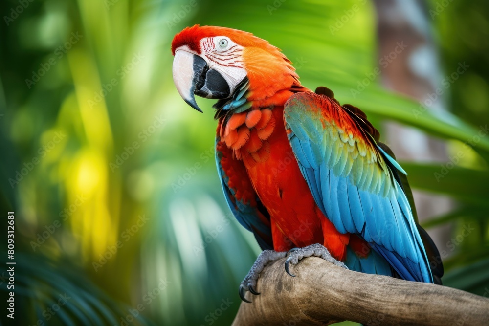 Picturesque Parrot macaw tropical island. Nature art tropical bird zoo. Generate Ai