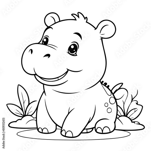 Cute vector illustration Hippo drawing for toddlers coloring activity