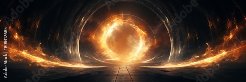 Mystical Fiery Vortex Opening. Cosmic Gateway With Fiery Rings And Swirling Energy Fields. Generative AI photo