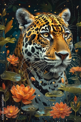 A beautifully illustrated Jaguar big cat in the forest. 