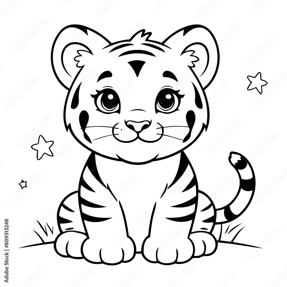 Fototapeta premium Simple vector illustration of Tiger drawing for kids colouring page