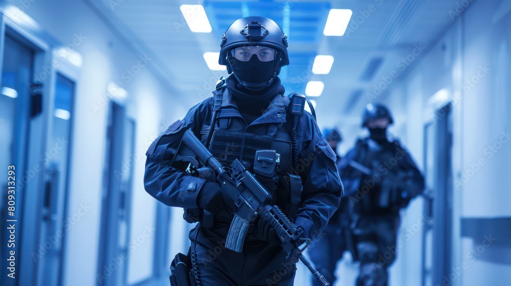An armed special forces soldier is ready for action in a building corridor, prepared for intense tactical operations An armed special forces soldier is ready for action in a building corridor, prepared for intense tactical operations