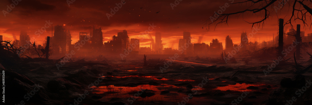 Apocalyptic Landscape With Burning Urban Silhouette. Surreal Sky Over Destroyed City. Post-Apocalyptic Cityscape. Generative AI