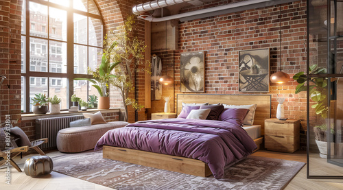 Modern bedroom in a condo or loft with modern trendy furniture. Large and bright space.