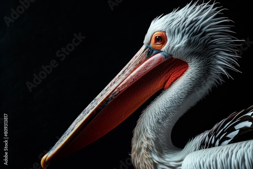 Mystic portrait of Australian Pelican The beak is long and slender in studio,  photo