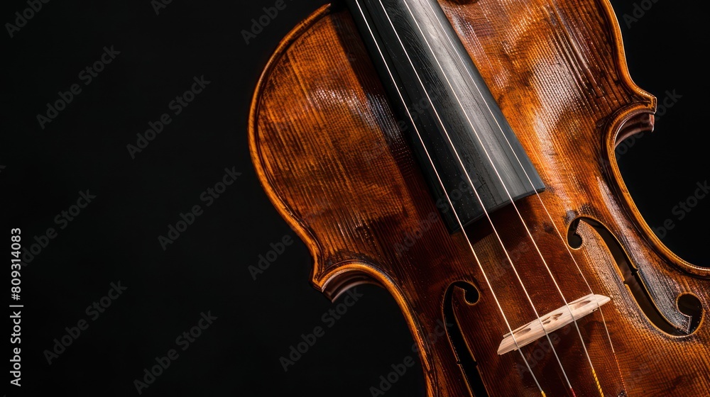 Fototapeta premium Close-up of an old violin against a dark backdrop, highlighting the wood texture and curves