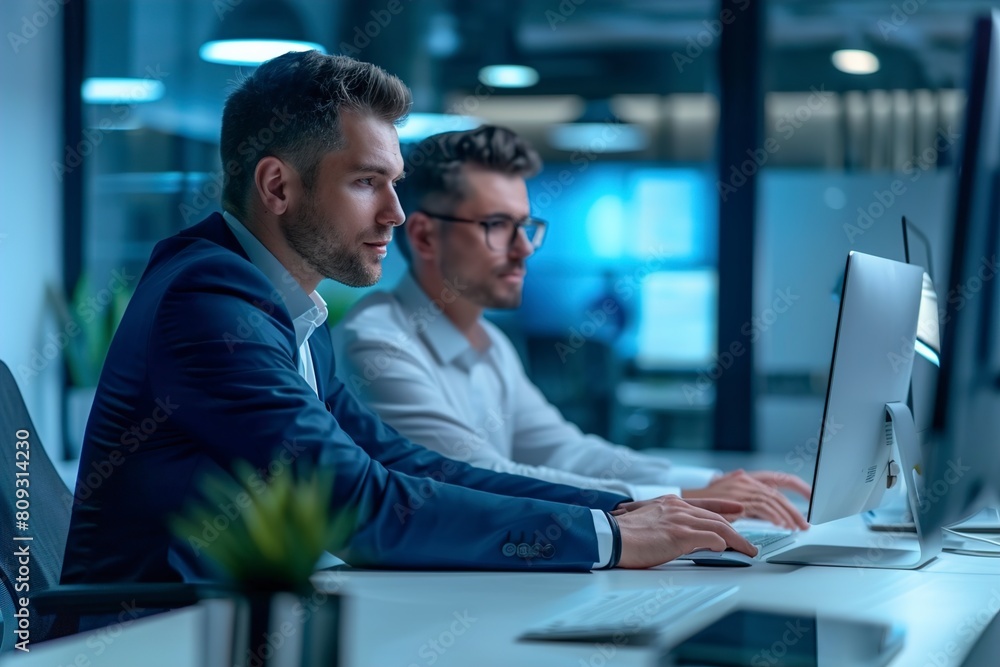 Young businessman discussing with colleague over deskto Young businessman discussing with colleague over deskto