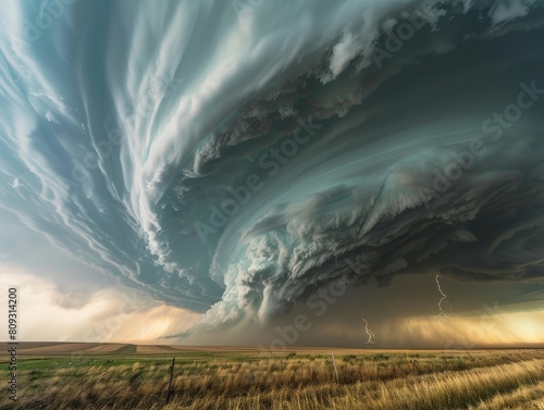 A large, dark storm cloud hangs ominously in the sky above an open field, creating a dramatic and foreboding atmosphere photo