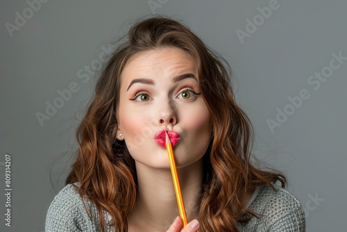 Woman with pencil on puckering lips looking sideways .