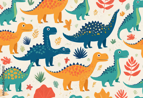 Seamless pattern with cute dinosaur on light background. Flat style vector illustrations can be used for packaging paper  fabric  textile  wrapping paper  fabric  textile  etc. 