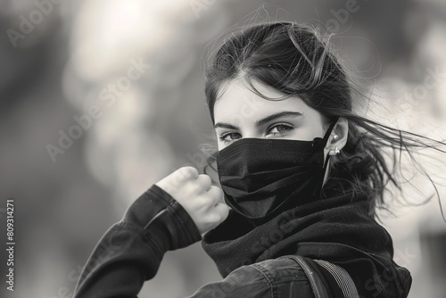 Young woman wearing masks greeting with elbow photo