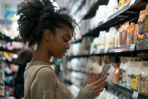 Young woman photographing labels through smart phone .