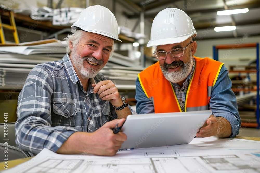 Smiling architects discussing with tablet Smiling architects discussing with tablet