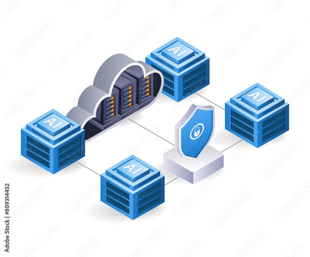 Network AI cloud server technology system, infographic 3d illustration flat isometric Network AI cloud server technology system, infographic 3d illustration flat isometric