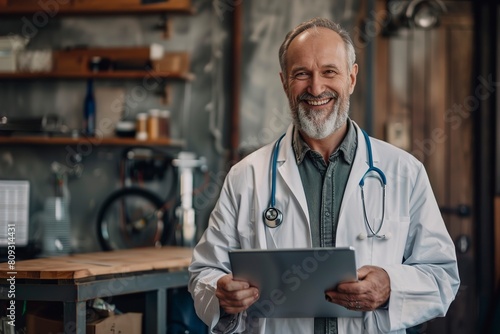 Smiling doctor standing with tablet photo