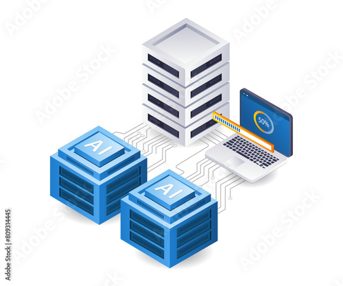 Abstract grid blockchain technology illustrationNetwork ai server analyst technology infographic 3d illustration flat isometric