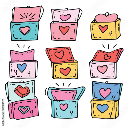 Collection colorful doodle laundry detergent boxes hearts, handdrawn household cleaning supply design. Pink, blue yellow washing powder cartons, playful sketch style, vibrant colors