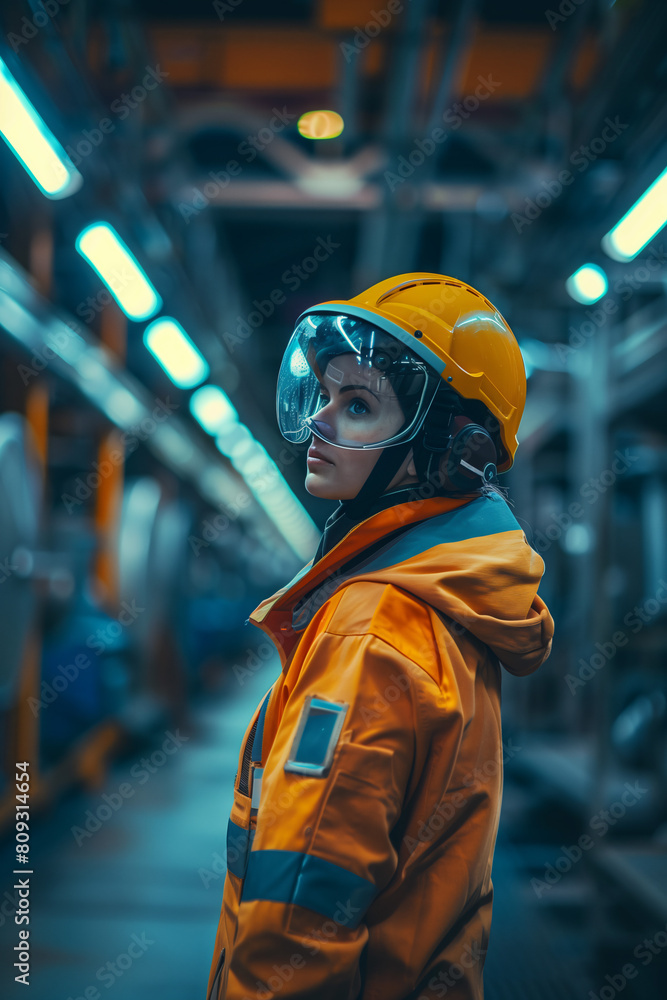 A man stands confidently in a vibrant yellow jacket and matching helmet, exuding a sense of strength and readiness A man stands confidently in a vibrant yellow jacket and matching helmet, exuding a sense of strength and readiness