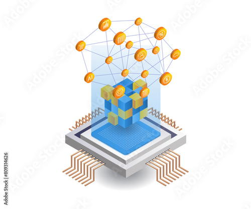 Network chip intelligence processor technology flat isometric illustration
