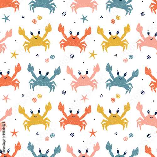 Cute Crabs Seamless Summer Pattern. Sea Animal Colorful Background for Kids. Childish Print Hand drawing. Vector illustration.