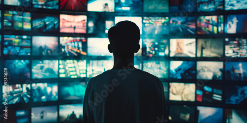 man surrounded by multiple TV screens, video wall showcasing variety of multimedia content, online broadcasting and streaming concept
