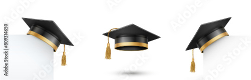Graduate college, high school or university cap set isolated on white background. Black 3d degree ceremony hat with paper banner. Vector educational student symbols