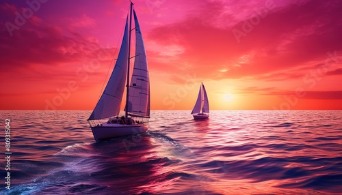 Sailing boat in the Mediterranean sea during scenic sunset.Luxury yacht and cruise holiday.Regatta sailing ship yachts with at opened sea. Aerial view of sailboat in windy condition. © lidianureeva