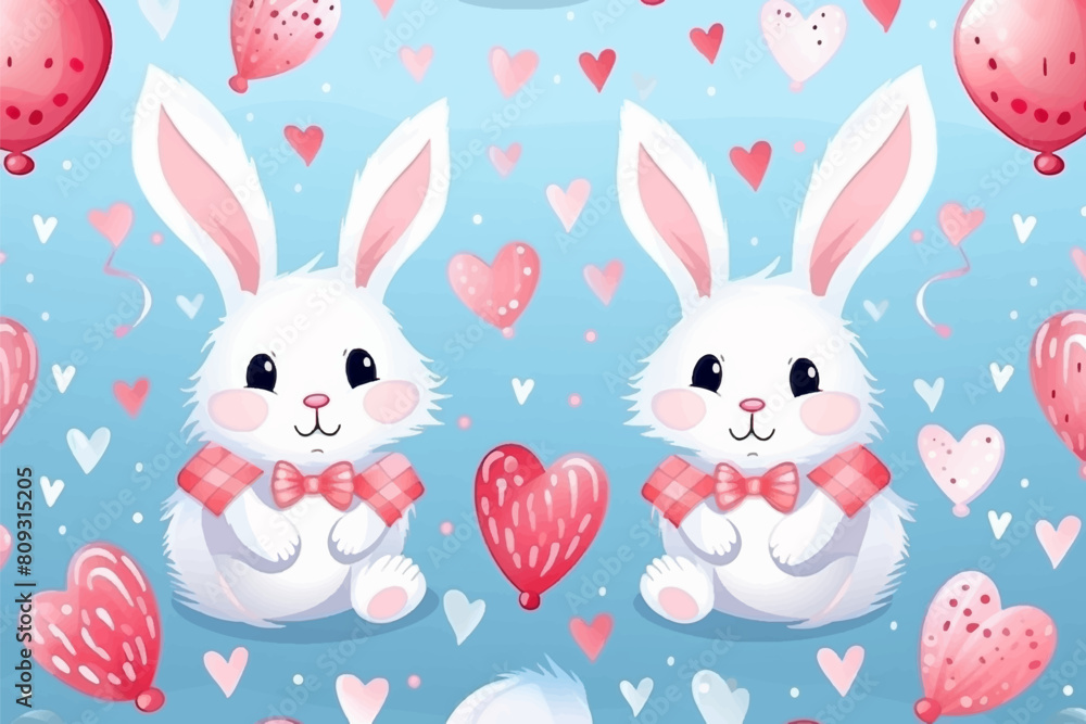 Cute baby rabbit seamless pattern with roses heart, hand drawn flower background. vector cartoon illustration for nursery, poster, birthday greeting cards, baby shower, textile printing Cute baby rabbit seamless pattern with roses heart, hand drawn flower background. vector cartoon illustration for nursery, poster, birthday greeting cards, baby shower, textile printing