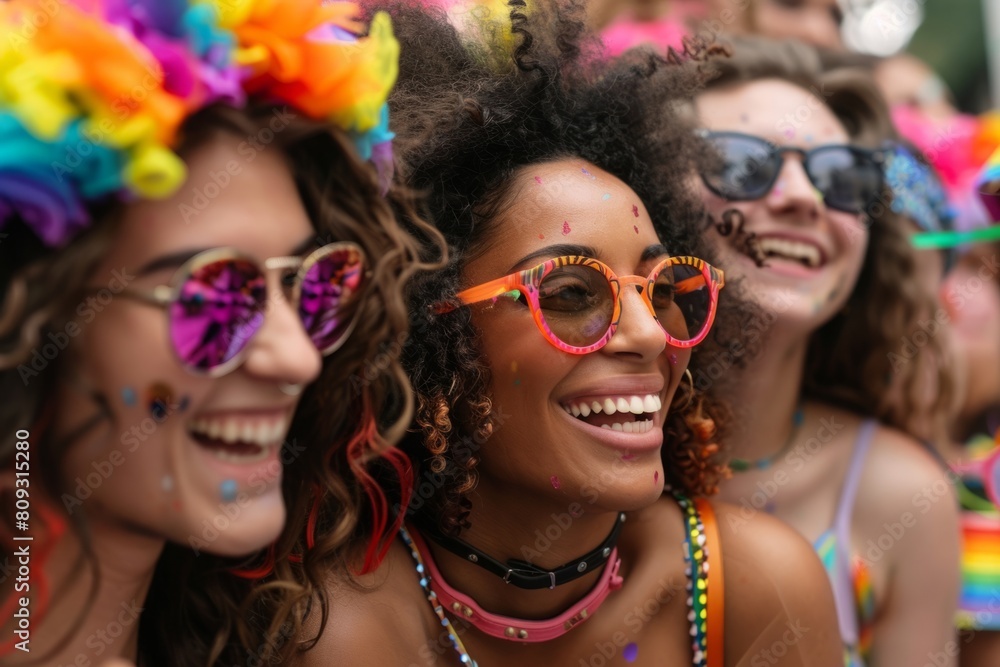Vibrant Group of Friends Celebrating at a Summer Pride Parade in Colorful Attire Vibrant Group of Friends Celebrating at a Summer Pride Parade in Colorful Attire