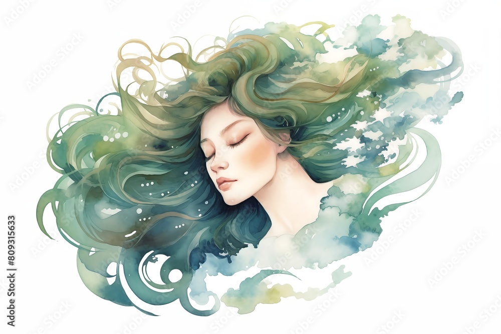 Watercolor painting of a woman with her eyes closed green hair white background image