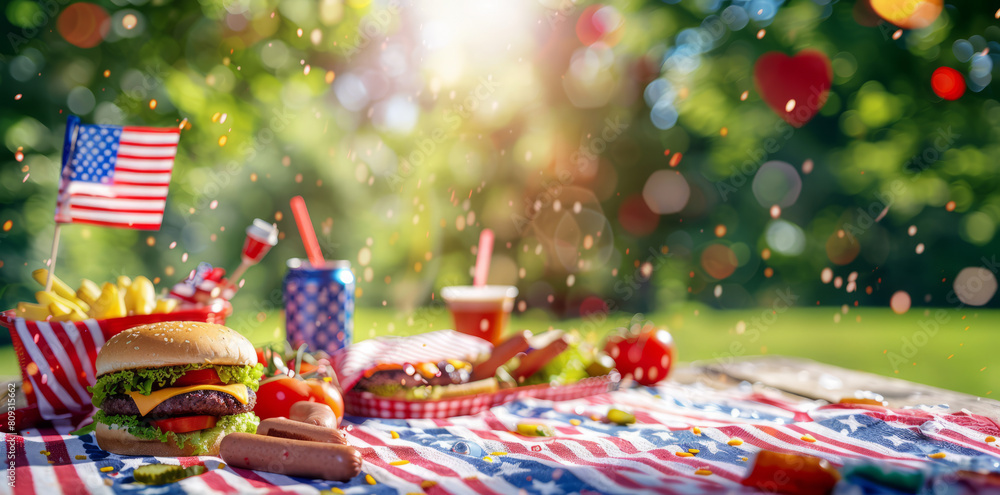 Obraz premium An American Independence Day celebration with a classic burger and fries on a picnic table adorned with the U.S. flag. 