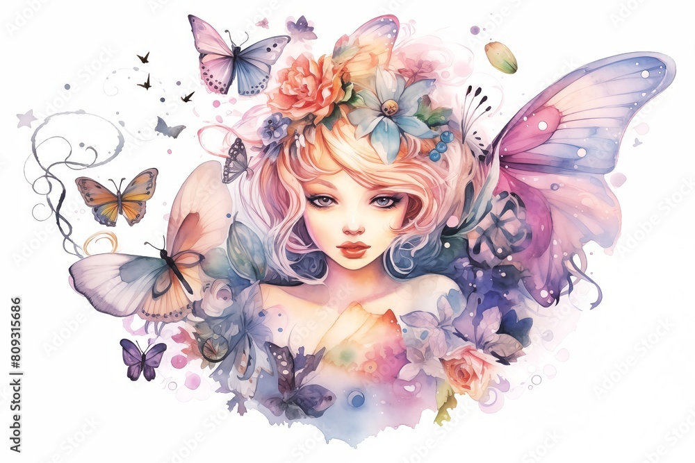 Watercolor painting of a woman with blonde hair decorated with butterflies Arrange the elements beautifully white background